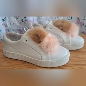 EUC Sam Edelman Leya White Leather Boho Neutral PomPom Slide Sneaker Shoe SZ 7.5